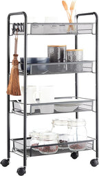 JANE EYRE Rolling Utility Storage Rack Cart on Wheels, Trolley Carft cart, Multi-Purpose Organizer Shelf (Black, 4 Tier)…