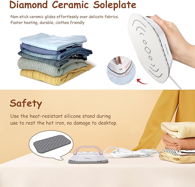 Newbealer Travel Iron with Global Voltage, 100-240V Mini Dry Iron for Clothes (No Steam), Max 300W, 60s Heat Up, 302℉ Non-Stick Ceramic Soleplate, 0.8lbs (Gold with Hard Case)