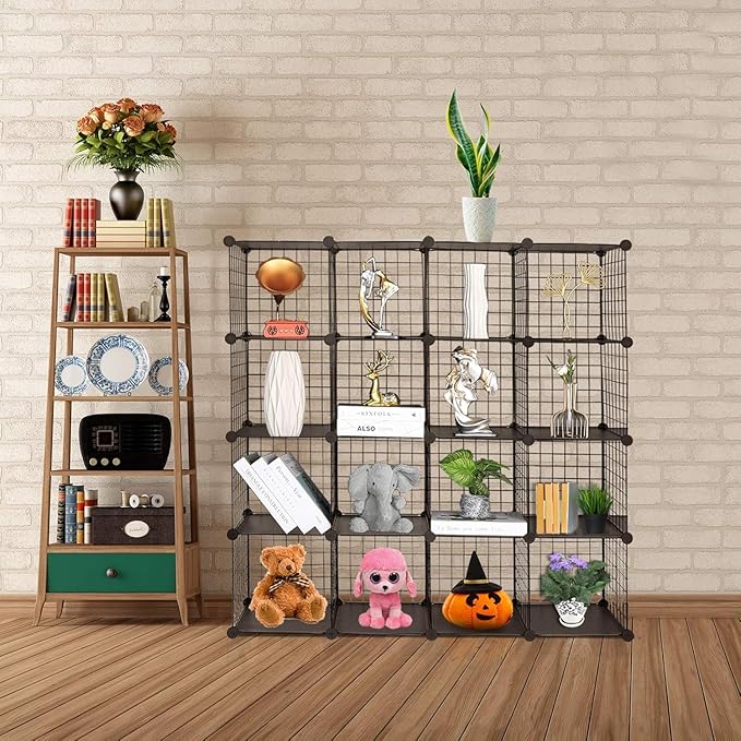 TUMUCUTE Wire Cube Storage Organizer, Metal Storage Shelves Bookshelf, Stackable Modular Closet Organizer for Bedroom Living Room, Office,Storage Shelves（16-Cube，Black）