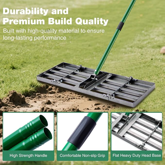 30"x10" Lawn Leveling Rake, Heavy Duty Lawn Leveler with 33"-77" Adjustable Handle, Foldable Ground Leveling Tool for Soil, Sand, Gravel, Ergonomic Design for Lawns, Golf Courses and Backyards