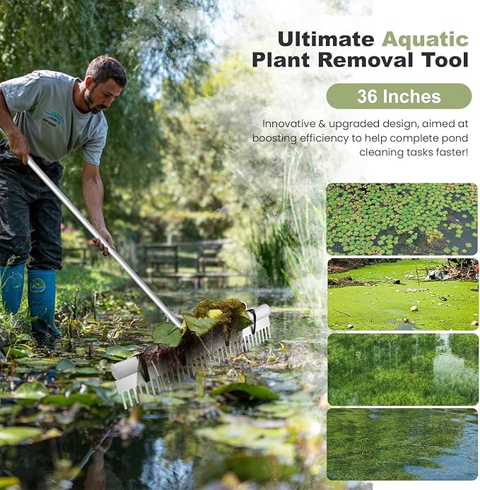 Landscape Rake, 36" Aluminum Heavy Duty Lake Weed Rake, Multifunctional Detachable Aquatic with 67'' Extension Handle & 20Ft Rope, for Weed Algae Removal Loosening Soil Lawn Garden Care