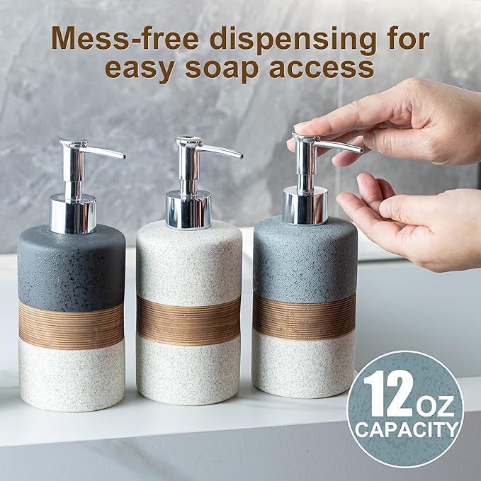 Ceramic Dish Soap Dispensers Set(2 Pack), Hand, Dish, Shower Soap Dispenser for Kitchen Sink & Bathroom, Includes Stainless Steel Pump, Silicone Funnel & Diatomaceous Holder, Black