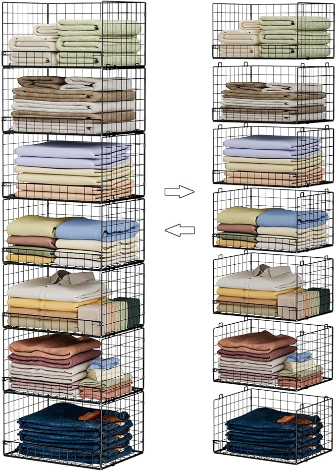 7-Tier Stackable Closet Organizers and Storage Shelves, Foldable Closet Shelf Organizer System, Stackable Storage Bins Drawers for Closet Organizer System, Black(Patent Pending)