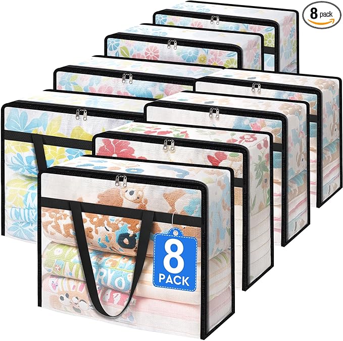 TasticTotes 8 Pack Clear Storage Bags for Comforter, Clothes & Bedding, Plastic Blanket Storage with Zipper and Handle, Moving Bags, Closet Organizer and Under-Bed Storage (40L)