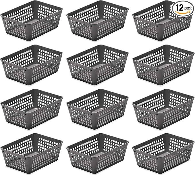 YBM HOME 12-Pack Small Plastic Storage Baskets for Home Junk Drawers and Office Desktop Drawers Organization - Functional Trays for Kitchen, Bedroom, and Bathroom, Grey