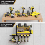 Power Tool Organizer - 6 Drill Holder Wall Mount, 3 Tier Heavy-Duty Hand Storage Rack, Utility Racks, 2 Pegboard Sides - Garage Cordless Organizer (Yellow)