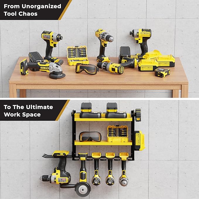 Power Tool Organizer - 6 Drill Holder Wall Mount, 3 Tier Heavy-Duty Hand Storage Rack, Utility Racks, 2 Pegboard Sides - Garage Cordless Organizer (Yellow)