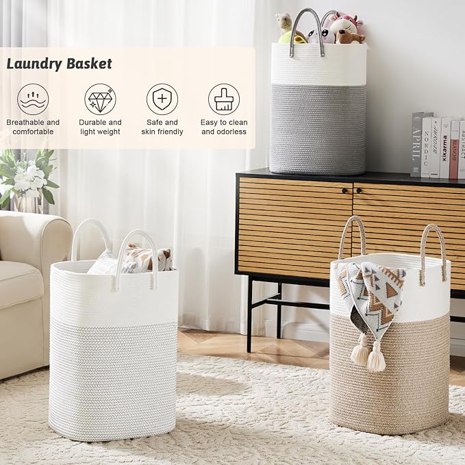 Laundry Basket,Woven Cotton Rope Laundry Hamper,Versatile Storage for Dirty Clothes,Baby Toys,and Blankets in Bathroom, Nursery,and Living Room (Brown, 40L)