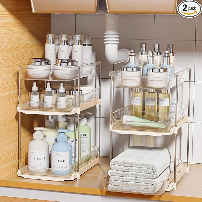 Delamu 2 Pack 3-Tier Bathroom Under Sink Organizers and Storage, Multi-Purpose Stackable Pantry Organization and Storage, Pull Out Clear Kitchen Bathroom Cabinet Organizer with Movable Dividers, Beige