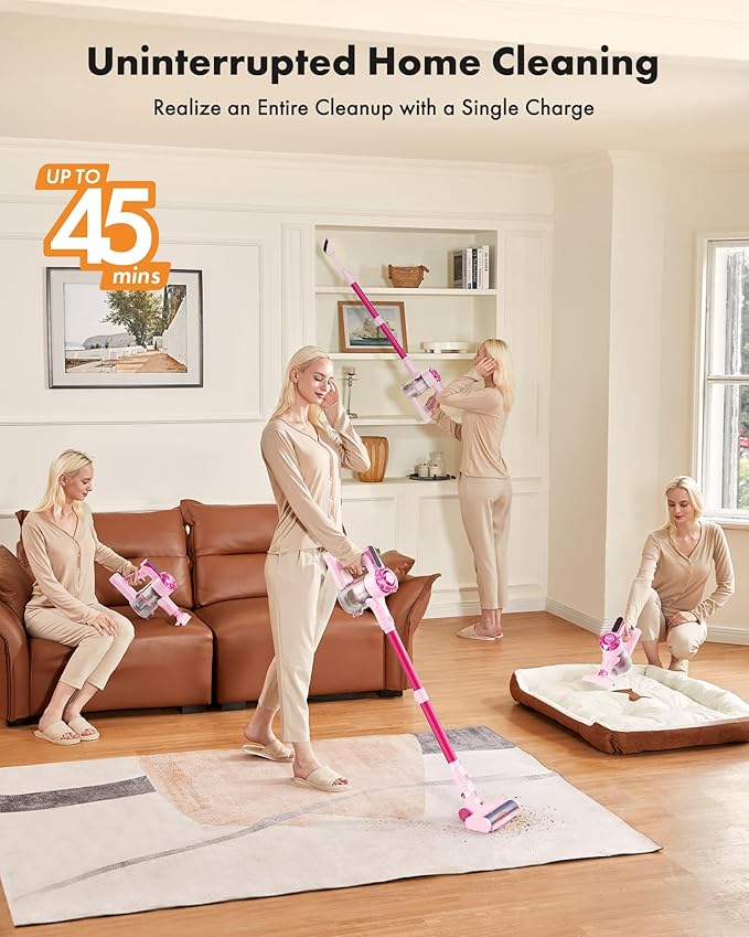 Cordless Vacuum Cleaner, 8-in-1 Lightweight Stick Vacuum with 45mins Runtime, Powerful Suction, Rechargeable Cordless Vacuum for Carpet, Tile, Pet Hair, Hardwood Floors, Pink