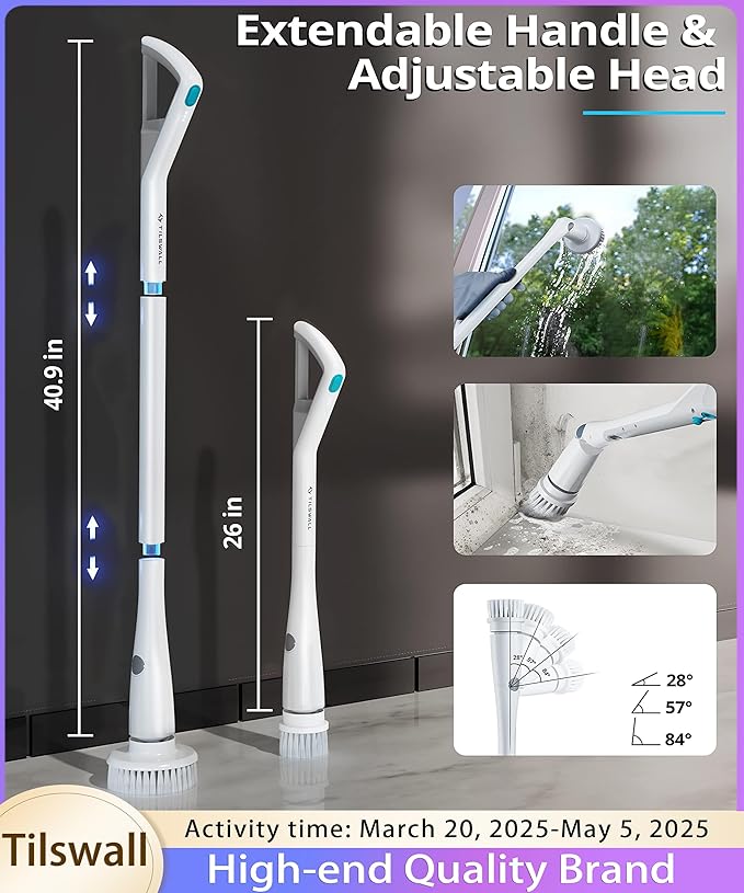 Tilswall Cordless Electric Spin Scrubber - Powered Shower & Tile Cleaning Brush with Detachable Handle, 2-Speed Modes & Extra Battery, for Bathroom Tub/Glass/Car Windows