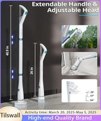 Tilswall Cordless Electric Spin Scrubber - Powered Shower & Tile Cleaning Brush with Detachable Handle, 2-Speed Modes & Extra Battery, for Bathroom Tub/Glass/Car Windows