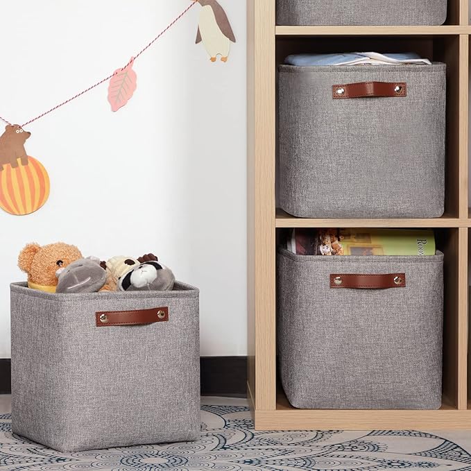 HNZIGE Collapsible Storage Basket,(4Pack) Cube Storage Baskets for Organizing Shelves,Fabric Baskets for Storage,11x11 Storage Basket for Dog Toys,Closet,Book,Clothes Storage with Handles(Grey)