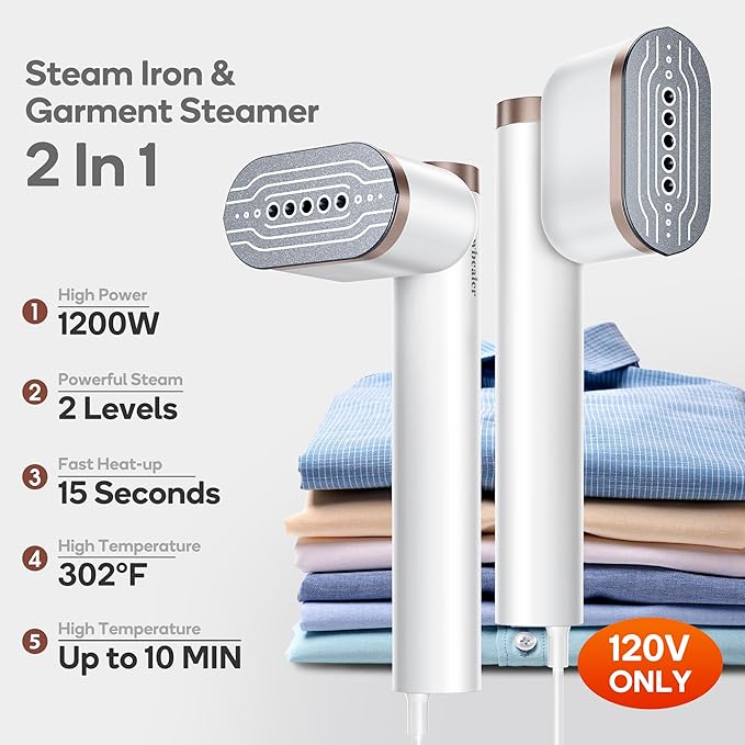 Newbealer Steamer for Clothes, 1200W Portable Steam Iron, 2 Steam Levels, Horizontal and Vertical Steaming, Dry Ironing, 15s Heat Up, Rotatable, 302°F Garment Wrinkle Remover (120V Only)