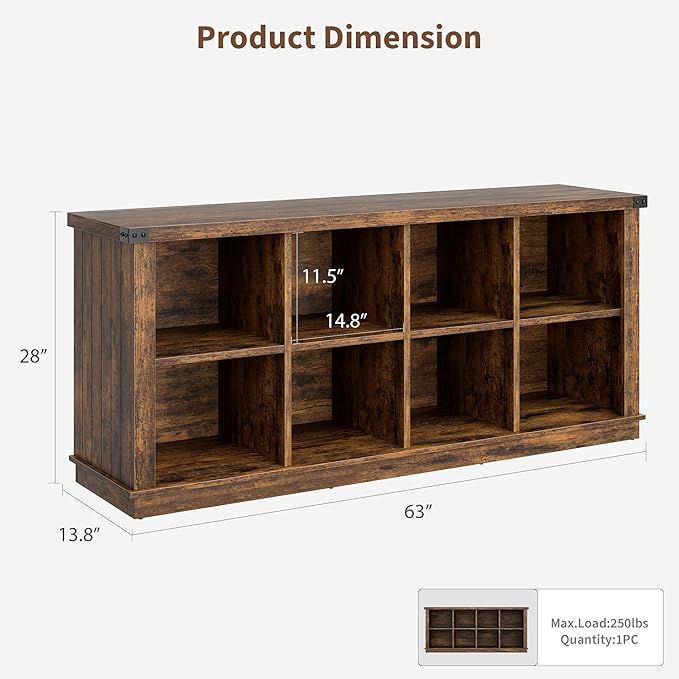 GarveeHome 8 Cube Storage Organizer Bookshelf, 3 Tier Farmhouse Horizontal Bookcase, 62 Inch Wood Storage Bookcase for Entryway, Long Low Bookshelves for Living Room-Retro Brown