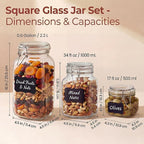 Multi Size - 5 Pack Square Glass Jars with Airtight Lid, Wide Mouth Mason Jars with Clamp Lids, Air Tight Glass Canisters, Best Food Storage Containers for Cereal, Pasta, Rice, Sugar, Coffee, Spice