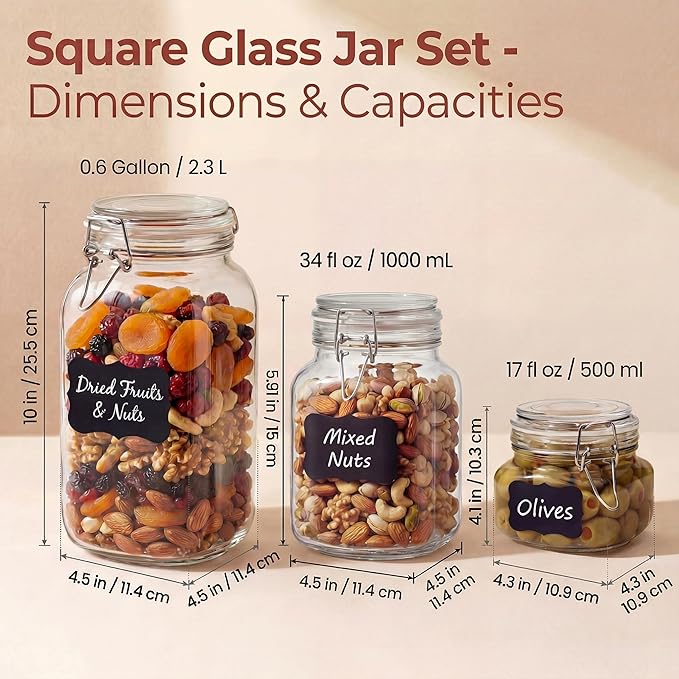 Multi Size - 5 Pack Square Glass Jars with Airtight Lid, Wide Mouth Mason Jars with Clamp Lids, Air Tight Glass Canisters, Best Food Storage Containers for Cereal, Pasta, Rice, Sugar, Coffee, Spice
