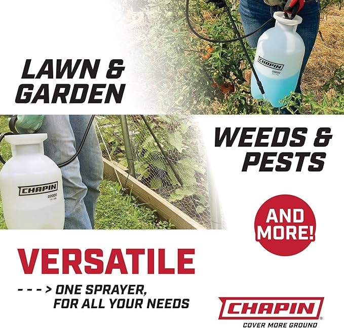 Chapin 20005 Pump Sprayer, 2 Gallon, Lawn and Garden, Hand Pressurized, Anti-Clog Filter, Adjustable Spray Nozzle, Spraying Plants, Watering, Weeds, Fertilizer and Pests, Translucent