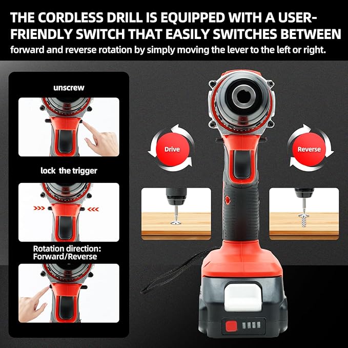 DOGTOOTH 21V MAX Cordless Drill, 1* Battery and Charger, 2 Variable Speed Max 1350 RPM, Build-in LED, 23 Bits, Storage Bag - Red