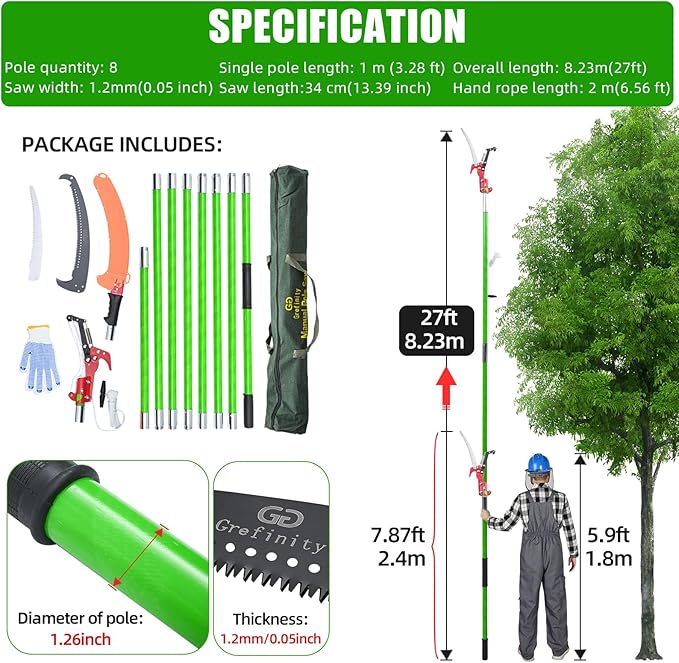 Manual Pole Saw for Tree Trimming, 27 FT Manual tree purner with 8 Fiberglass Handles, Sharp steel Blade and Scissors, Easy to Carry and Extendable Design for Tree Maintenance, Green