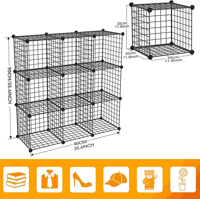 HUBSON Wire Cube Storage Organizer, Book/Toy/Craft/Potted Plants and petCloset Organizers and Storage Shelves, 9-Cube Freely Combinable Metal Grids Storage Shelf,Black Iron