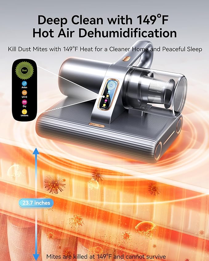 PureMatt Pro 35Kpa Max Suction AI Mattress Vacuum [100% Allergen, Dust Mite & Pet Hair Removal] Bed Vacuum Cleaner with UV Lights, Ultrasonic, HEPA Filter & Sensor, for Bed, Couch, Sofa, Corded, Gray