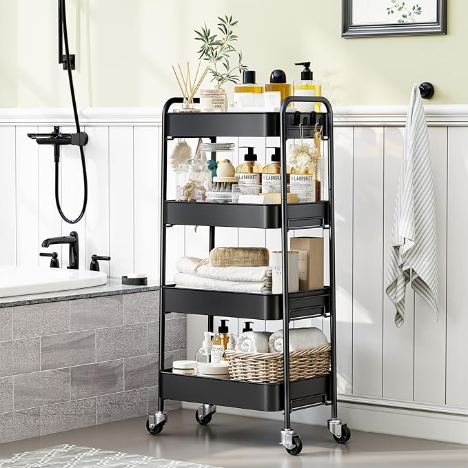 TOOLF 4-Tier Metal Rolling Cart with Wheels, Storage Utility Organizer Cart for Kitchen, Bathroom, Office, Baby Essentials & Makeup - Lockable Casters, Easy Assembly, Large Capacity, Black