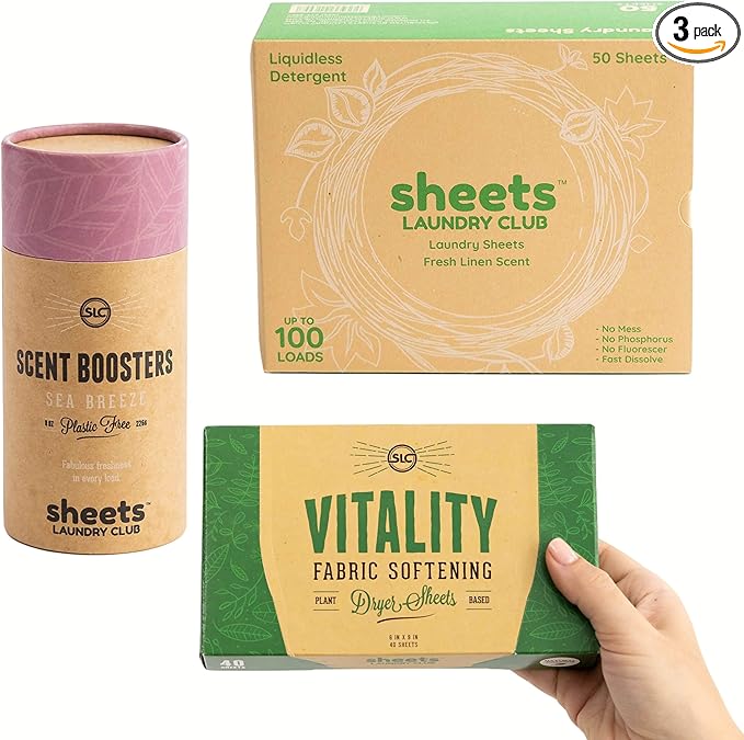 Sheets Laundry Club Bundle - 50 Pack (up to 100 loads) Fresh Linen Detergent Sheets, 40 Pack Vitality Dryer Sheets & 8 Oz. Sea Breeze Scent Booster - New Liquidless Technology