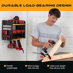 Power Tool Organizer - Wall Mount Storage for Garage Organizes 4 Cordless Drills & Tools - Easy Assembly Heavy Duty Rack has Pegboard Sides Shelves & Hooks - Neatly Holds Screwdrivers & Drill Bits