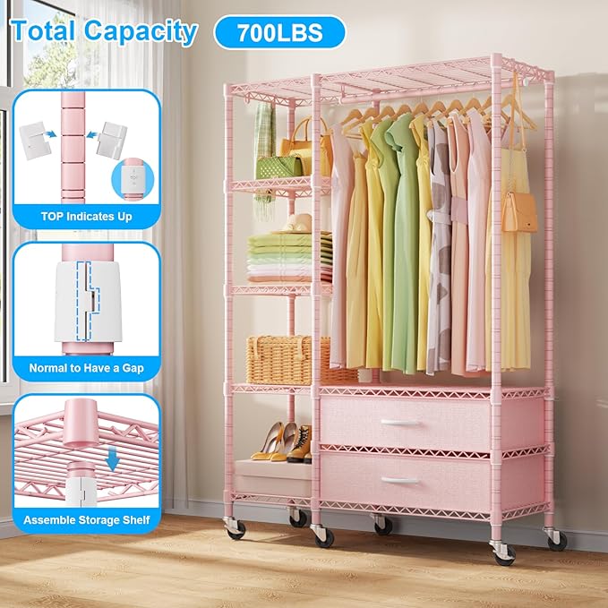Ulif F3R Heavy Duty Clothes Rack（With Lockable Wheels）Freestanding Clothing Racks for Hanging Clothes，Adjustable Closet Organizer System，Portable Garment Rack 40"W x 15"D x 74"H，Max Load 700LBS，Pink