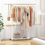 JIUYOTREE Rolling Clothes Rack with Dense Mesh Storage Shelf Clothing Garment Rack with Wheels Width Adjustable Clothing Organizer for Hanging Clothes Shirts Pants Skirts and Bags White