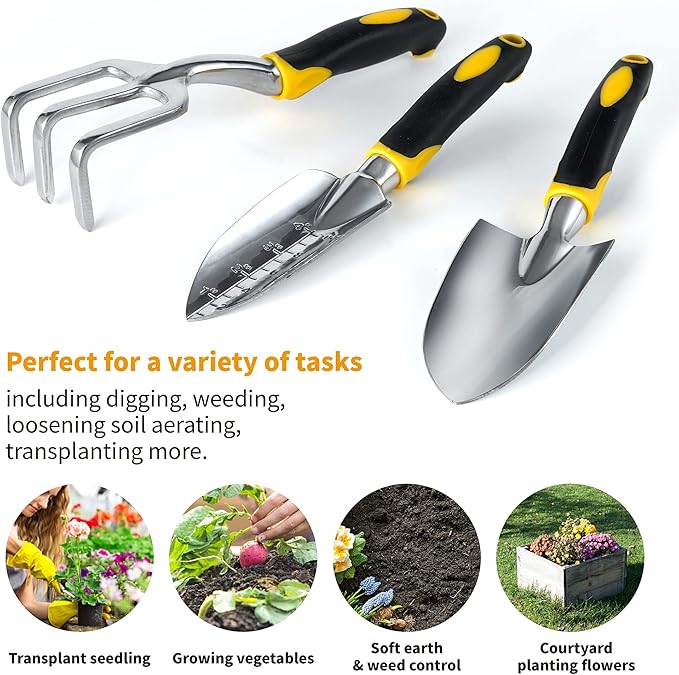 ⭐️ Gardenera 3PC Garden Tool Set with Soft Rubberized Non-Slip Handles - Hand Trowel, Transplant Trowel, Hand Rake in Polished Aluminum - Ideal for All Gardening Needs and The for Gardeners 🎁
