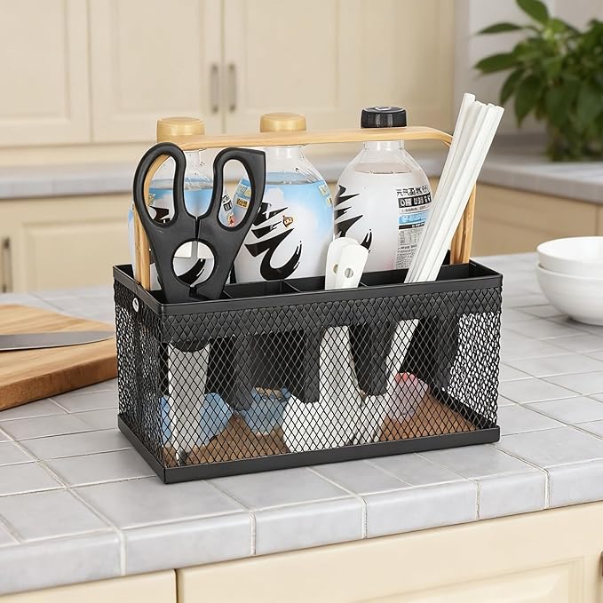 Utensil Caddy Metal Mesh Silverware Cutlery Organizer Basket with Bamboo Handle, Multi-Purpose Steel Wire Caddy 6 Compartment Flatware Basket for Kitchen, Countertop, Picnic, Restaurant, Black