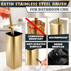 Gold Toilet Brush with Square Holder - Toilet Brush and Holder Set Gold, Stainless Steel Handle with Splash Shield, Replaceable Head and Removable Inner Cup - Freestanding Bathroom Toilet Cleaning Set