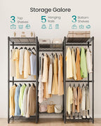 SONGMICS Heavy-Duty Clothes Rack, Garment Rack, Portable Closet, 56.9-Inch Wide Clothing Rack, with Adjustable Mesh Shelves and Hanging Rails, Ink Black ULGR432B01