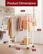 Sakugi Metal Clothes Rack - Double Rod Clothing Rack with Fixed Design and Rolling Wheels, Coat Rack with Built-In Shelf for Closet Organizers and Storage (38.5" x 16.9" x 59.0", White)