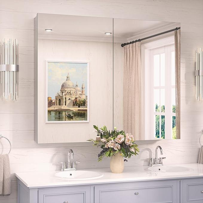 TokeShimi 40x32 Bathroom Medicine Cabinet with Mirror Silver, Aluminum Tempered Mirrored Medicine Cabinet Recessed or Wall Mounted with Adjustable Storage Metal for Modern Farmhouse