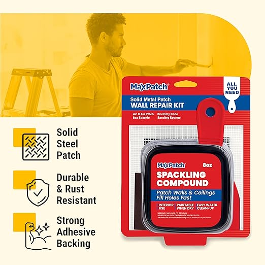 MaxPatch® Drywall Repair Kit - Includes 8 oz Spackling Compound, 4"x 4" Adhesive Metal Patch, Spackling Knife, Sanding Pad - All-in-One Solution for Wall and Ceiling Repairs