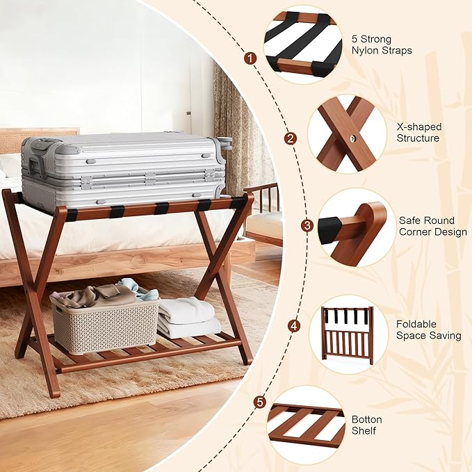 Walnut Luggage Racks Set of 2, Bamboo 26.77" Luggage Rack Stand for Guest Room, 5 Nylon Straps, Foldable Suitcase Stand with Storage Shelf for Bedroom Hotel, Holds up to 165 Lbs