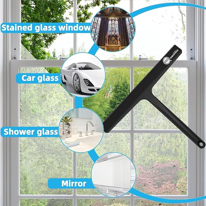 9 Inch Shower Squeegee with Hook - Heavy Duty Glass Door Scraper for Streak-Free Cleaning, Tile Walls, Shower Glass & Car Windows - Rustproof Rubber Blade & Secure Storage (Black)