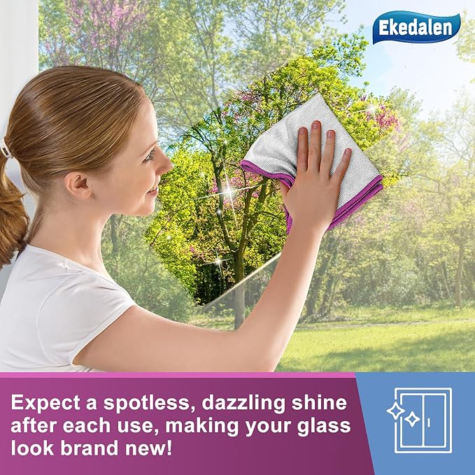 Microfiber Cleaning Cloth Polishing Glass Cleaner Absorbent Kitchen Towel Quick Drying Miracle Lint Free Rags for Household Auto Detailing Bathroom, Pack of 6, 12 x 12 Inch, Sliver-Purple