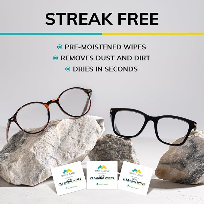 Mindful Design Lens Cleaning Wipes for Eyeglasses, 210ct - Individually Wrapped, Eye Glass Cleaning, Lens Wipes for Glasses/Sunglasses, Packaging May Vary