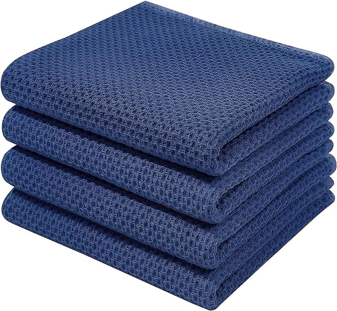 Homaxy 100% Cotton Waffle Weave Kitchen Dish Towels, Ultra Soft Absorbent Quick Drying Cleaning Towel, 13 x 28 Inches, 4-Pack, Navy Blue