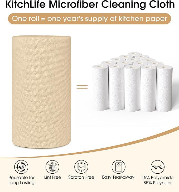 KitchLife Microfiber Cleaning Cloth Roll, 100 Pack - Tear-Away Microfiber Paper Towels, Lint-Free, Reusable, Washable for Kitchen, Car, Dishes, and Sensitive Surfaces (Wheat)