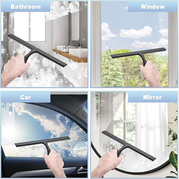 FY&XZH Never Rust Silicone Shower Squeegee for Glass Doors with Hook, Bathroom Cleaner Tool, Household Window and Mirror Squeegee, Ergonomic Thick Handle Squeegee for Shower Glass, 11-Inch (Black)