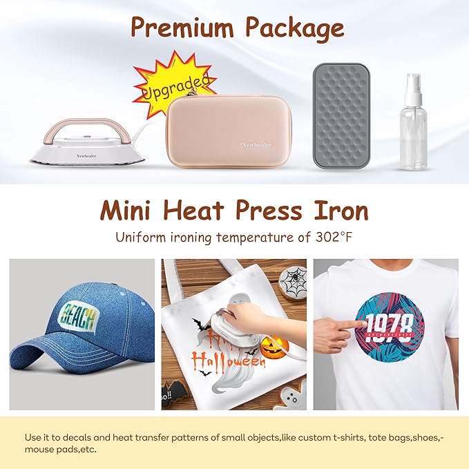 Newbealer Travel Iron with Global Voltage, 100-240V Mini Dry Iron for Clothes (No Steam), Max 300W, 60s Heat Up, 302℉ Non-Stick Ceramic Soleplate, 0.8lbs (Gold with Hard Case)