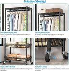 Heavy Duty Clothes Rack Rolling Garment Rack,3 Tier Adjustable Wire Shelving Clothing Racks for Hanging Clothes with Double Rods&Side Hooks,Freestanding Wardrobe Storage Rack Metal Portable Closet