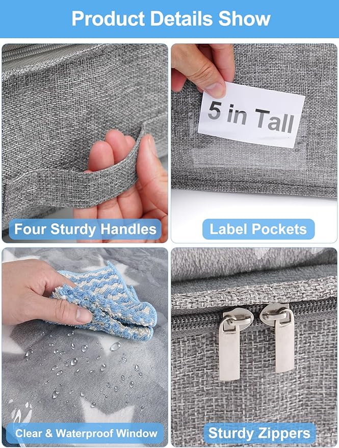 punemi 5 Inches High Low Profile Under Bed Storage Containers，No-Structure,Soft Fabric Zippered Underbed Storage bins for Clothes and Blankets— Fits Under Crib, Couch or Dorm bed,2-Pack,Grey