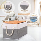 Yawinhe Foldable Storage Baskets for Shelves, Fabric Storage Cubes with Rope Handle, Closet Organizers for Clothes, 3-Pack, 14.96''Lx9.84''Wx8.26''H, White/Grey