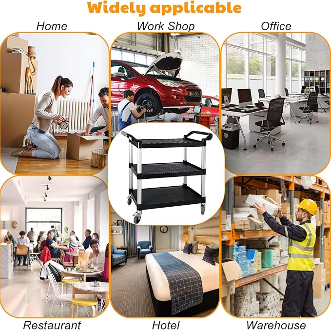 Plastic Utility Cart with Wheels, 3 Tier Rolling Cart with Lockable Wheels, Heavy Duty 510lbs Capacity Food Service Cart for Office, Restaurant, Kitchen, Home, Warehouse